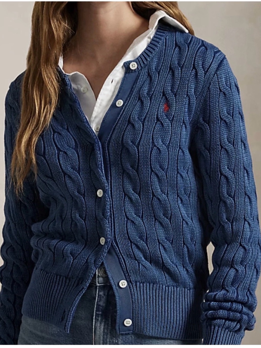 Polo Ralph Lauren Cable-Knit Cotton Crewneck Button-Front Cardigan Blue L